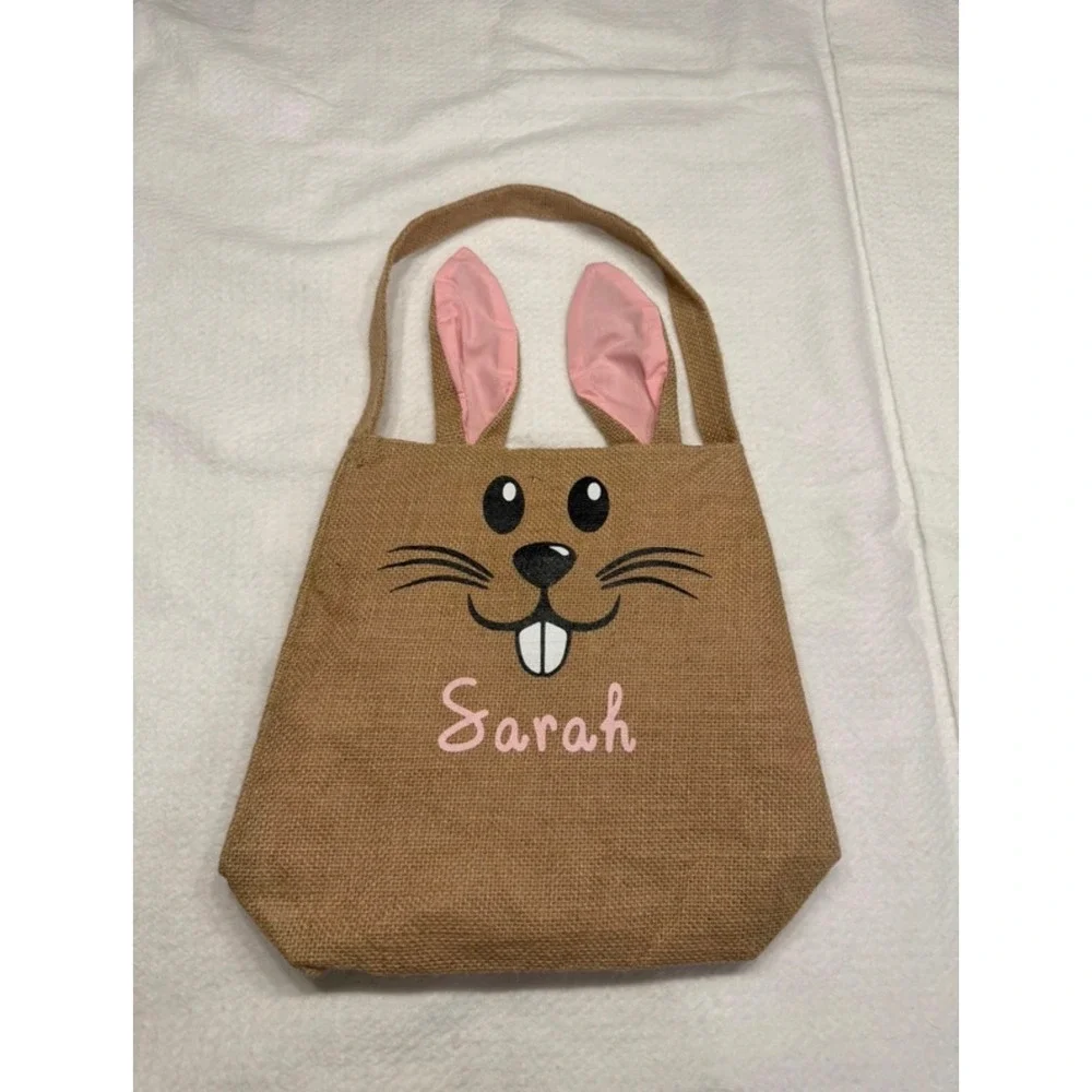 Burlap Easter Bunny Tote Bag Personalized Sarah Pink Rabbit Ears Jute Basket